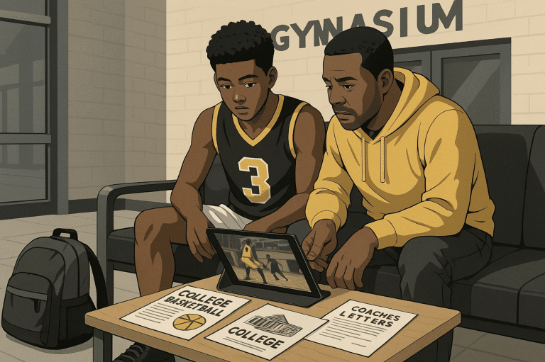 High school basketball player reviewing college recruiting materials with parent in a gym lobby